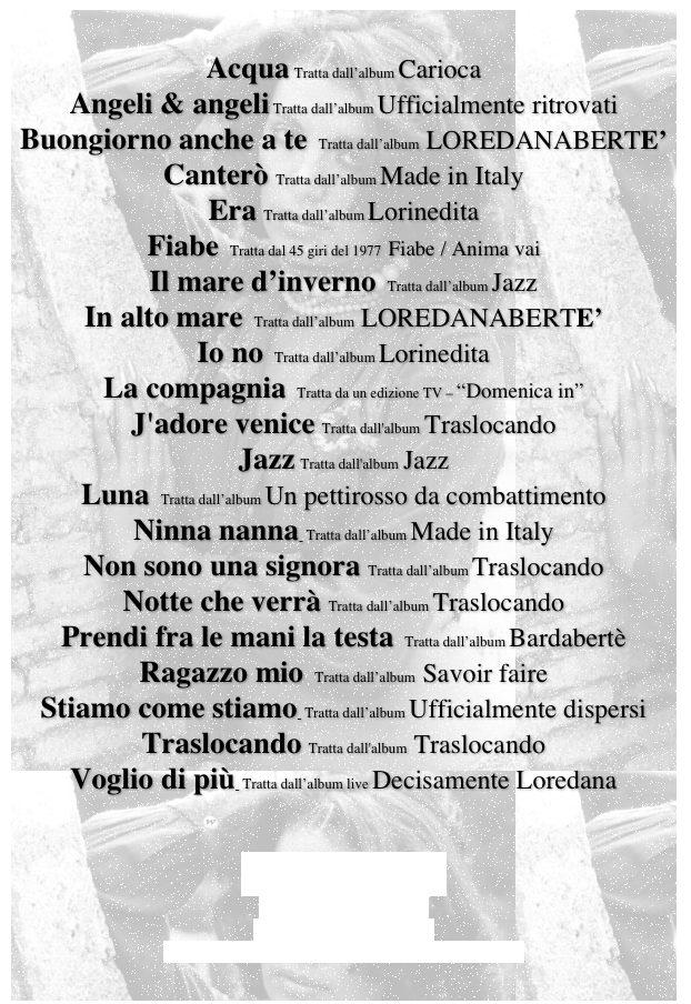 
Acqua Tratta dall’album Carioca
Angeli & angeli Tratta dall’album Ufficialmente ritrovati
Buongiorno anche a te  Tratta dall’album LOREDANABERTE’
Canterò  Tratta dall’album Made in Italy
Era  Tratta dall’album Lorinedita
Fiabe  Tratta dal 45 giri del 1977  Fiabe / Anima vai
Il mare d’inverno  Tratta dall’album Jazz
In alto mare  Tratta dall’album LOREDANABERTE’
Io no  Tratta dall’album Lorinedita
La compagnia  Tratta da un edizione TV – “Domenica in”
J'adore venice Tratta dall'album Traslocando
Jazz Tratta dall'album Jazz
Luna  Tratta dall’album Un pettirosso da combattimento
Ninna nanna  Tratta dall’album Made in Italy
Non sono una signora  Tratta dall’album Traslocando  
Notte che verrà  Tratta dall’album Traslocando
Prendi fra le mani la testa  Tratta dall’album Bardabertè
Ragazzo mio  Tratta dall’album  Savoir faire
Stiamo come stiamo  Tratta dall’album Ufficialmente dispersi
Traslocando Tratta dall'album Traslocando  
Voglio di più  Tratta dall’album live Decisamente Loredana

 
Testi Mia Martini
Testi Renato Zero
Testi Italiani
Testi Stranieri
Midi-File (Italiani/Stranieri)
